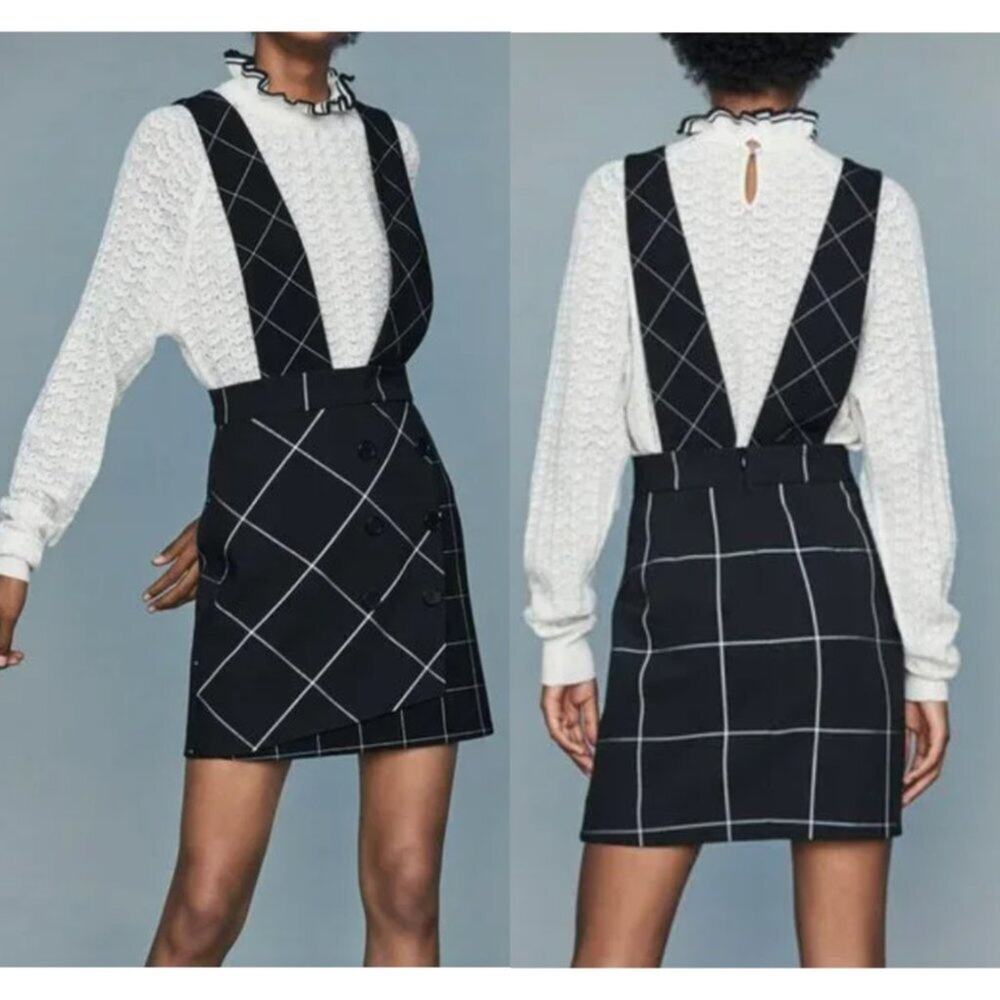 Maje Joly Pinafore Black Checked Skirt Dress